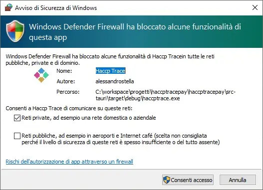 Haccp Trace accesso LAN firewall Windows